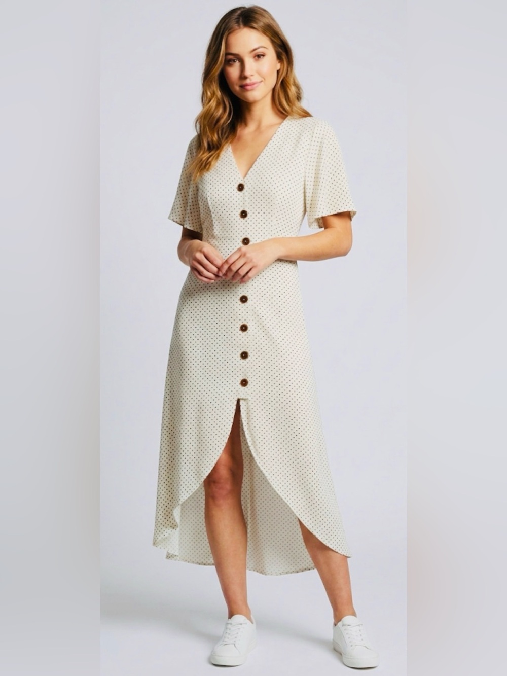 NWT Andrée by Unit Polka Dot High Low Asymetric Dress Medium White Black Franny